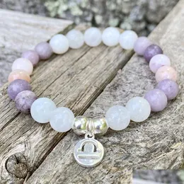 BEDED MG1379 LIBRA ZODIAC Charm Bracelet Womens Natural Light Lepidolite Yoga Mala A Grade Moonstone Energy Drop