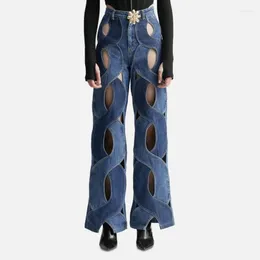 Kvinnor Pants Women Streetwear Cutout Hollow Out Criss Cross Straight Flare Denim 2023 Autumn Wide Leg Jeans Byxor Office Lady