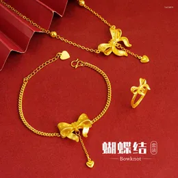 Länkarmband Vietnam Shajin Simple Bow Set Necklace Armband Women's Ring mångsidig imitation Guldsmycken Pulsera de Collar Mujer