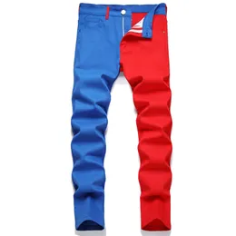 Slim Fit Men's Spliced ​​Jeans Micro Elastic Two Color Stitching Pants Spring Autumn Fashion Casual Blue and Red Byxor