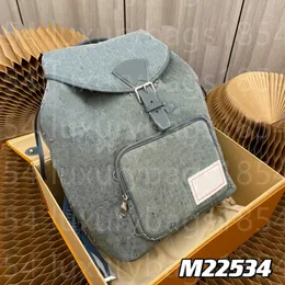 Designer Drawstring Backpack Top Original Real Shot M22534 Montsouris Backpack Men's and Women's Mmongram Pattern Embossed Faded Denim Fabric Large Capacity