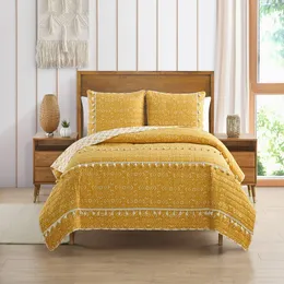 Retreat Quilt Set, Queen, Yellow, 3 Piece For Adults