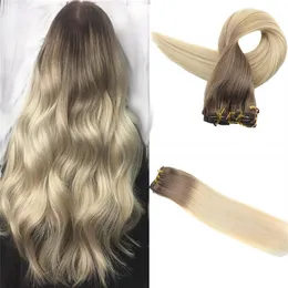 Brazylijskie Ombre Hair #6 Medium Brown do 613 Bleach Blonde Real Human Prosty Clip in Hair Extension Gruby End 7pcs 120G241K