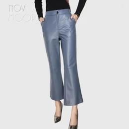 Kvinnors byxor novmoop kontor lady mode stil fårskinn äkta läder flare kvinnor vinterbyxor pantalones de mujer lt2983