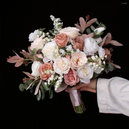 Bröllopsblommor Janevini Champagne Bridal Bouquets Artificial Eucalyptus Silk Roses Brides Hand Holding Fake Bouquet Accessories