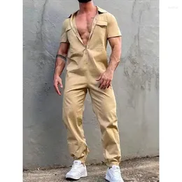 Fatos masculinos roupas masculinas calças vintage playsuits streetwear masculino macacão macacão verão moda solta lapela zíper manga curta