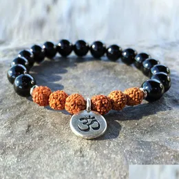 Beaded SN1081 Grad Black Agate Rudraksha Armband High Quality Onyx Rustic Yoga Mala Pärlor smycken Partihandel Drop Delivery B DHGARDEN DHNB7