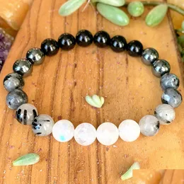 Beaded MG1209 Trendy Design Natural Moonstone Wrist Mala Armband Facetterad Black Tourmaline Energy Drop Delivery Jewely Brace Dhgarden DHVBX