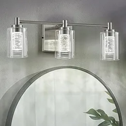 Szczotkowane nikiel 3-światło LED LED Vanity Lights, nowoczesne oprawę światła w łazience z przezroczystym szklanym odcieniem, kryształową bańką i ściemniacznymi WHI