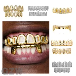 Bling CZ Zircon Vampire Teeth Fang Grillz 18K Real Gold Punk Hiphop Full Diamond Grills Braces Tooth Cap Rapper Body Jewelry for Cosplay Halloween Costume Party Gifts