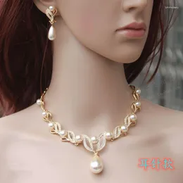 Necklace Earrings Set Korean Version Zinc Alloy Rhinestone Pearl Drop Suit Dress Fashion Accessory