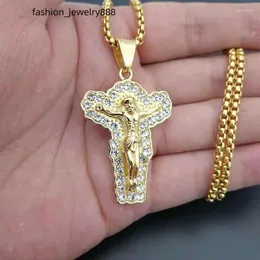 Pendant Necklaces Zircon Men's Fashion Titanium Steel Gold Plated Rhinestones Jesus Cross Necklace Hip Hop Religion Jewelry