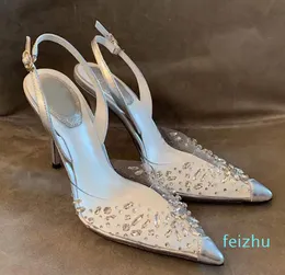 Nytt mönster Kristall-utmärkt PVC-pumpar spol klackar sandaler för kvinnor lyxdesigner klänning sko kväll slingback skor