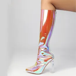 Stivali Iridescent Pvc Y Heels Knee Knee Punta Punta Punta trasparente Cambia trasparente con cerniera moderna Long Size47 230911