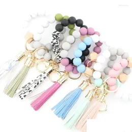 Party Favor Beaded Strands Keyring Women Leather Tassel Bangle Key Chain Wooden Sile Bead Wristlet Keychain 831 Drop Delivery Home G Dh1P8