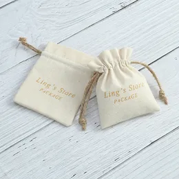 Jewelry Pouches Bags 50pcs Custom Cotton Burlap Jewelry Bag Nature Canvas Gift Bags for Necklace Earring Ring Soap Organizer Pouch Wedding Favor 230909