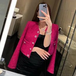 2022 NYTT SPRING Fashion Women's O-Neck Long Sleeve Rose Color Tweed Woolen Short Jackrock Hög midja Casacos SML236T