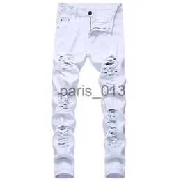 Men's Jeans Mens White Black Distressed Holes Skinny Jeans Full Length Denim Pants Street Style Trousers Wholesale x0911