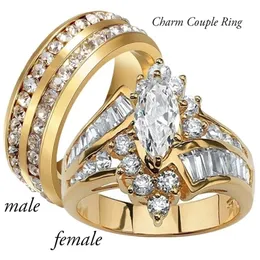 Bröllopsringar Fashion Par Rings Women Marquise Cut Crystal CZ Ring Men's Two Rows CZ Stone rostfritt stål Ring mode smycken för älskare 230909