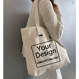 Sacos de compras Bolsa de lona Sacola personalizada Compras Adicione seu texto Carta Imagem Impressão Design Branco Unissex Bolsa de viagem Bolsas de ombro 230909