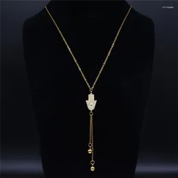 Pendant Necklaces Hamsa Hand Copper Stainless Steel Long Women Gold Color Tassel Pendants Jewelry Collares Largos N55S07