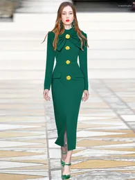 Повседневные платья Элегантный миди с длинными рукавами и бантом для женщин 2023 Дизайнерский взлетно-посадочной полосы Зеленый Черный Прямой вечерний женский халат Vestidos De Fiesta
