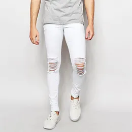 Jean Slim blanc hommes mode 2020 nouveau Stretch pieds minces hommes Denim Pantalon marée trou Jean pour hommes déchiré Jean Pantalon Homm277Q