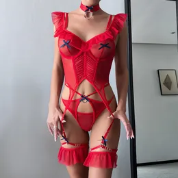 Kvinnor spetsar bodysuit sexig se genom mesh toppkropp 3 st 5 färger naken outfit med choker kvinnor teddy set