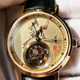 Designer Watches Sapphire Wristwatches Mechanical Tourbillon Mirror 18K Business Gold Plated Case Horse Embossed Personality Gift Man Clock LY