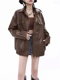 Kvinnors läder Autumn Pu Jacket 2023 Vintage Brown Motorcykel kappa Kvinnlig koreansk lös gatautkläder