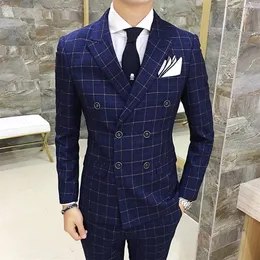 Whole Envmenst Brand High Quality Men's Plaid Suit Set Blazer Vest Pants Groom Double breasted Man Wedding279d