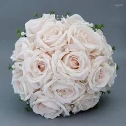 結婚式の花ヨーロッパの花嫁ブーケライトシャンパンローズビーズパールチェーン人工アクセサリーを保持する花