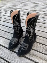 Broderade Western Cowboy Boots: Women's Vmouth Long Tube Cavalry Boots Tjocka klackar visar tunna mångsidiga mocka Hög 230830