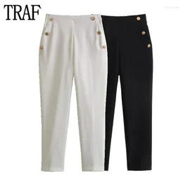 Women's Pants White Pencil Women Button High Waist Woman Trousers Summer 2023 Pleated For Masculine Office
