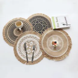 Table Mats Round Embroidery Placemat Woven Cotton Linen Coffee Cup Tableware Kitchen Insulation Decor