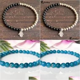 Beaded MG1595 Strand 4 mm Black Tourmaline med Sterling Sier Armband Hamsa Charm Energy Protection Mini Mala Drop Delivery Dhgarden DHB8J