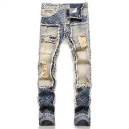Style punk punctured multi pocket micro elastic tight fitting men's jeans with small feet youth pants trend 3460