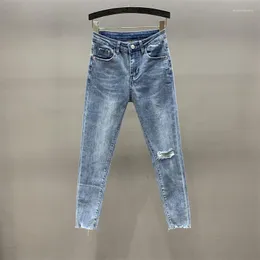 Kvinnor byxor cinessd jeans för kvinnor 2023 hög midja tight hong kong stil stretch blyerts rippade ankelbunden beskuren