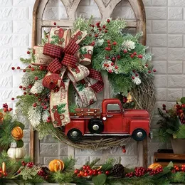 Decorative Flowers Wreaths Christmas Wreath Artificial Plant Rattan Red Truck Rustic Fall Front Door Round Berries Festive Hanging Decor 230911