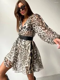 Vestidos casuais moda v-pescoço manga longa marrom leopardo impresso chiffon vestido mulheres 2023 senhoras turn-down colarinho cintura alta festa curta