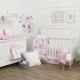 Комплект постельного белья для кроватки Dreamer с акварельным цветочным принтом, 8 предметов, розовый, серый, розы, детская для девочки
