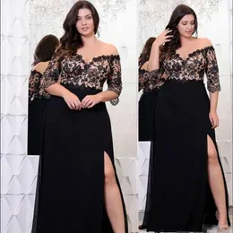 Newest Black Arabic Mother Of The Bride Dresses Off Shoulder Half Sleeves Illusion Lace Beads Chiffon Sweep Train Side Split Custom Wedding Guest Evening