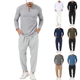 Men's Tracksuits Autumn Solid Color Casual Long Sleeve Henry T-shirt Pants Set Fashion Clothing