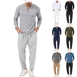 Herrspårar Autumn Solid Color Casual Long Sleeve Henry T-shirt Pants Set Fashion Clothing