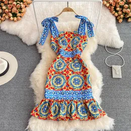 2023 Nowy mody damski pasek spaghetti nadruk kwiatowy styl retro barokowy body bodycon seksowna sukienka syreny smlxlxxl256p