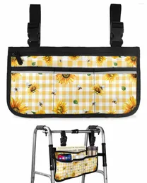 Bolsas de almacenamiento Bolsa de silla de ruedas a cuadros amarillos con flores de girasol rústicas con bolsillos Reposabrazos Lado Scooter eléctrico Bolsa para caminar