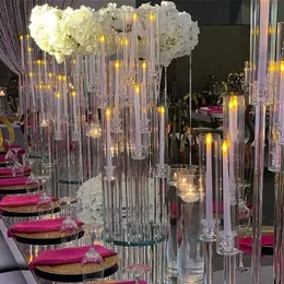 Decoração de festa inteira 10 braços longos haste moderna tubo acrílico transparente furacão cristal castiçais mesa de casamento centerpie287m