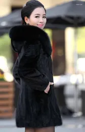 Женское меховое женское пальто, осенне-зимнее пальто с имитацией воротника, длинное утолщенное черное модное пальто с капюшоном