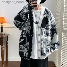 Herrtröjor Herrtröjor Kontrast Färg Cardigan Sweater Korean Harajuku Academic Knited Pullover Hip Hop Streetwear Loose Knitwear Tops A98 L230912
