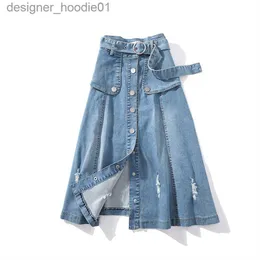 Skirts Yocalor Fashion Women's Ripped Hole Denim Skirt With Belt Patchwork Retro High Waist A-line Jeans Plus Size 5XL Bottom Y200326 L230912